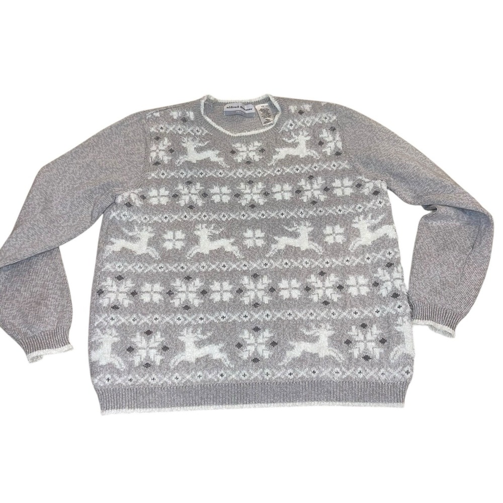 Alfred Dunner Gray Fair Isle Reindeer Long Slv Eyelash Sweater Womens Med Petite